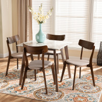 Baxton Studio Reba-LatteWalnut-5PC Dining Set Baxton Studio Reba Mid-Century Modern Light Beige Fabric Upholstered and Walnut Brown Finished Wood with Faux Marble Dining Table